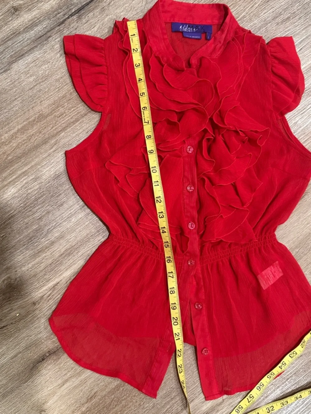 Miley Cyrus & Max Azria Red Ruffled Button-Front Sheer Blouse - Picture 6 of 7